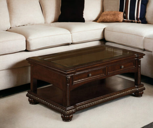 50" Brown Glass And Solid Wood Coffee Table With Two Drawers - Homeroots