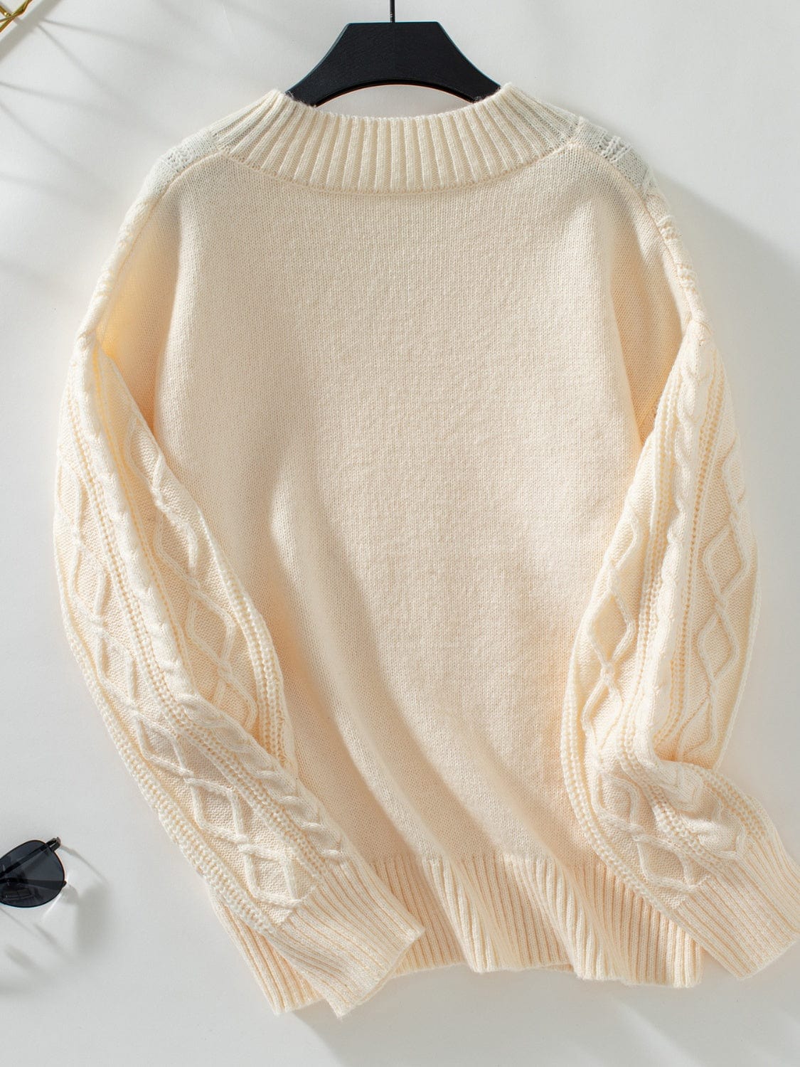 Cable-Knit Notched Long Sleeve Sweater - Trendsi