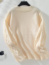 Cable-Knit Notched Long Sleeve Sweater - Trendsi - Flyclothing LLC