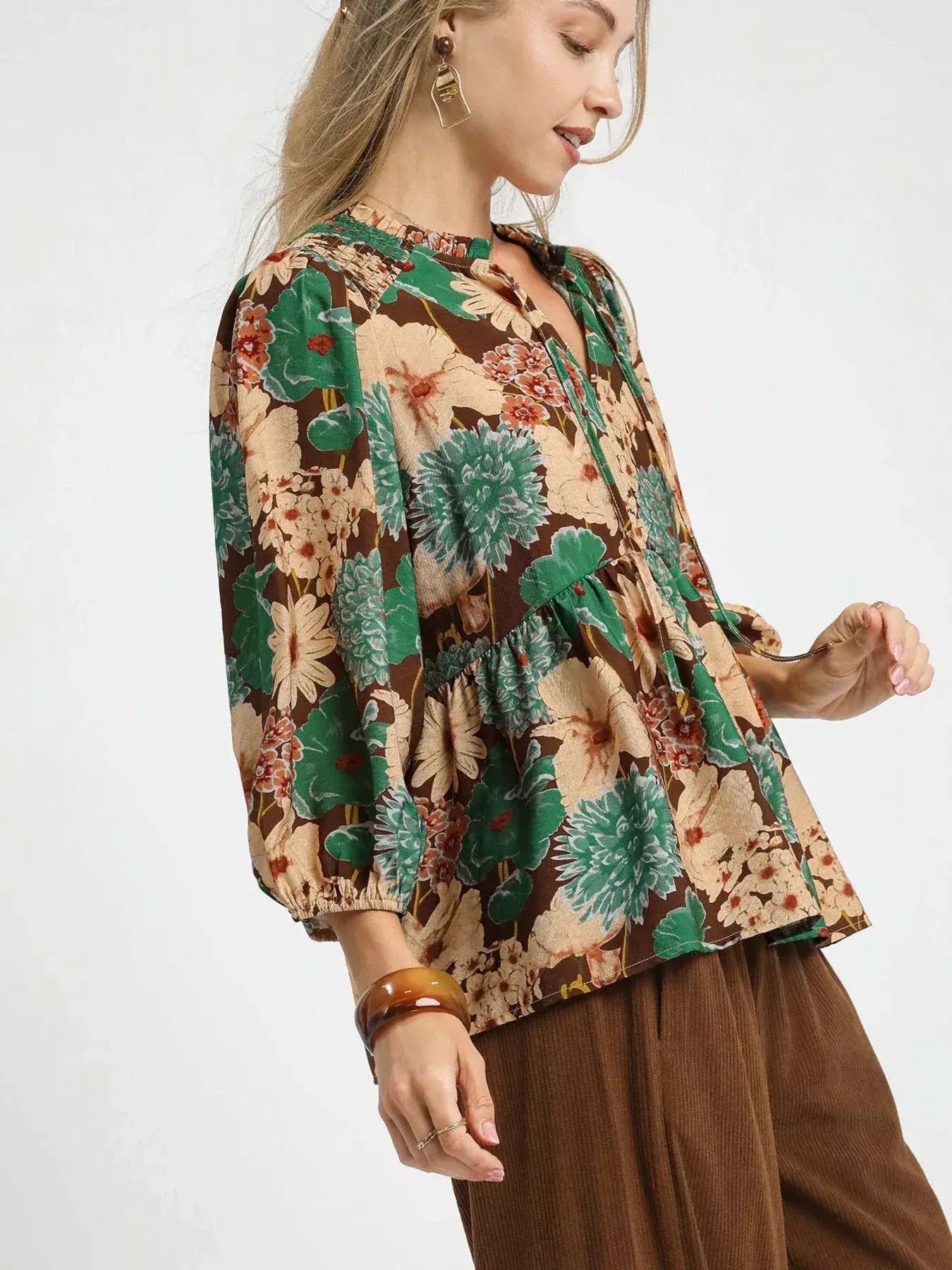 Umgee Mix Floral Peplum Blouse with Tie Neck - Trendsi - Flyclothing LLC