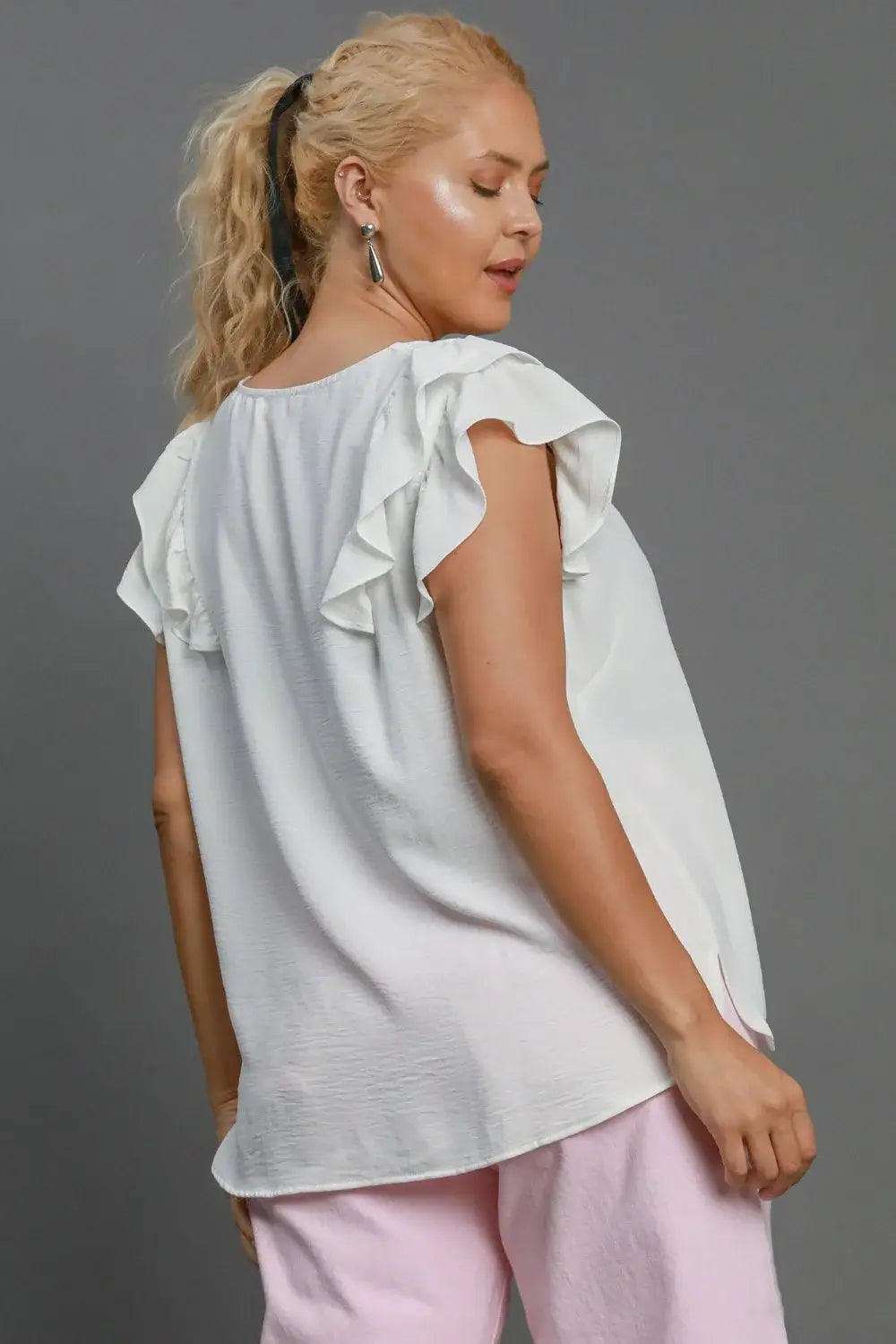 Umgee Full Size V-Neck Double Layered Ruffle Sleeve Blouse Plus Size - Trendsi - Flyclothing LLC