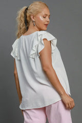 Umgee Full Size V-Neck Double Layered Ruffle Sleeve Blouse Plus Size - Trendsi - Flyclothing LLC