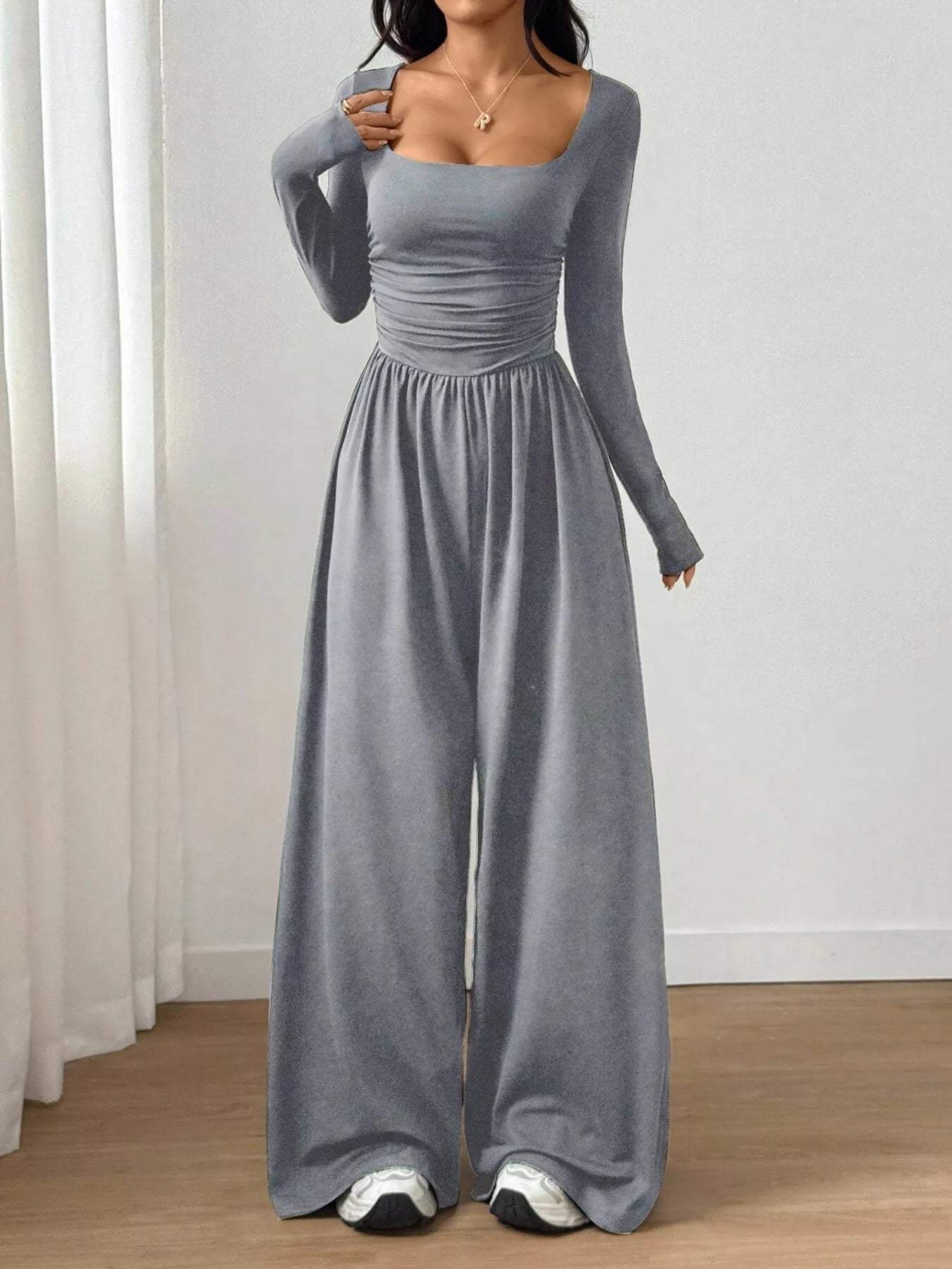 Ruched Square Neck Wide-Leg Jumpsuit - Trendsi - Flyclothing LLC
