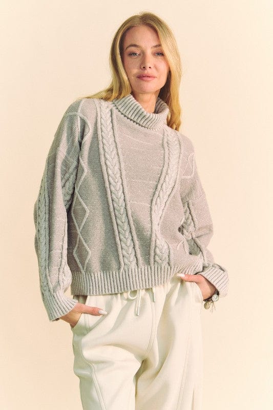 Davi & Dani Cable-Knit Turtleneck Dropped Shoulder Sweater - Trendsi