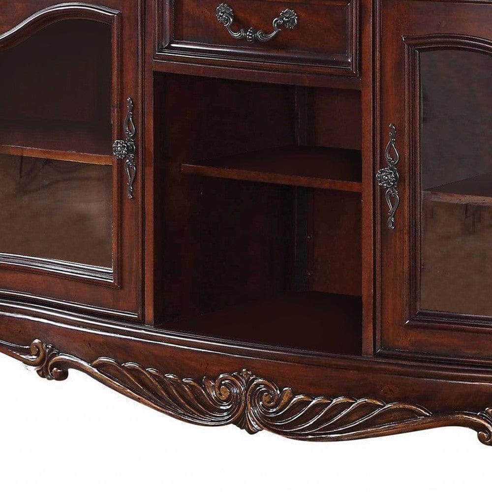 65" Brown Cherry Cabinet Enclosed Storage TV Stand with Bookcase - Homeroots