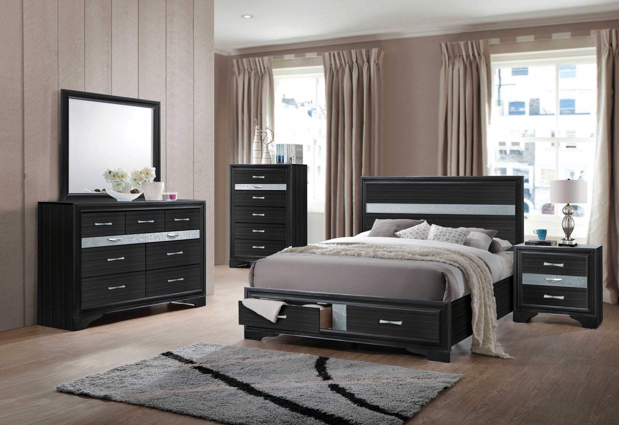 Beige And Black Upholstered Wooltwo Drawer Bed - Homeroots - Flyclothing LLC
