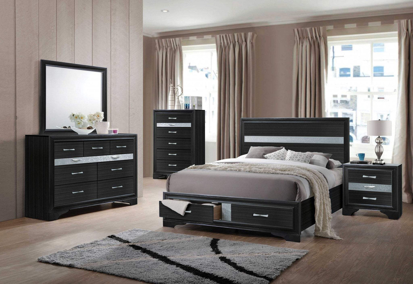 Beige And Black Upholstered Wooltwo Drawer Bed - Homeroots - Flyclothing LLC
