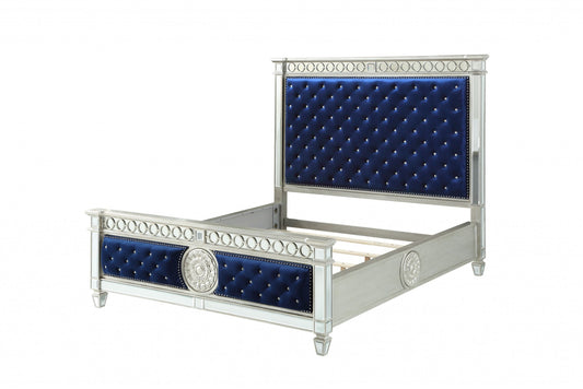 King Tufted Blue Upholstered Velvet Bed With Nailhead Trim