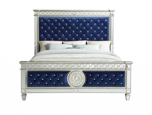 King Tufted Blue Upholstered Velvet Bed With Nailhead Trim