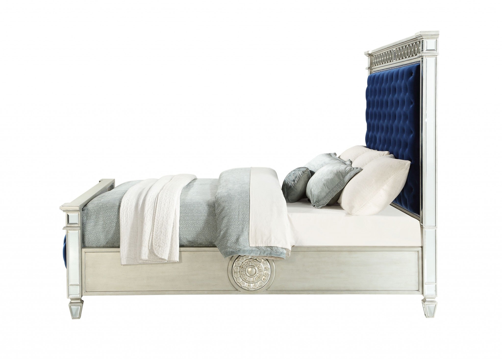 King Tufted Blue Upholstered Velvet Bed With Nailhead Trim