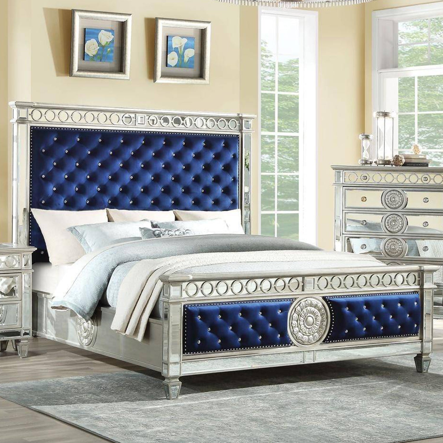 King Tufted Blue Upholstered Velvet Bed With Nailhead Trim
