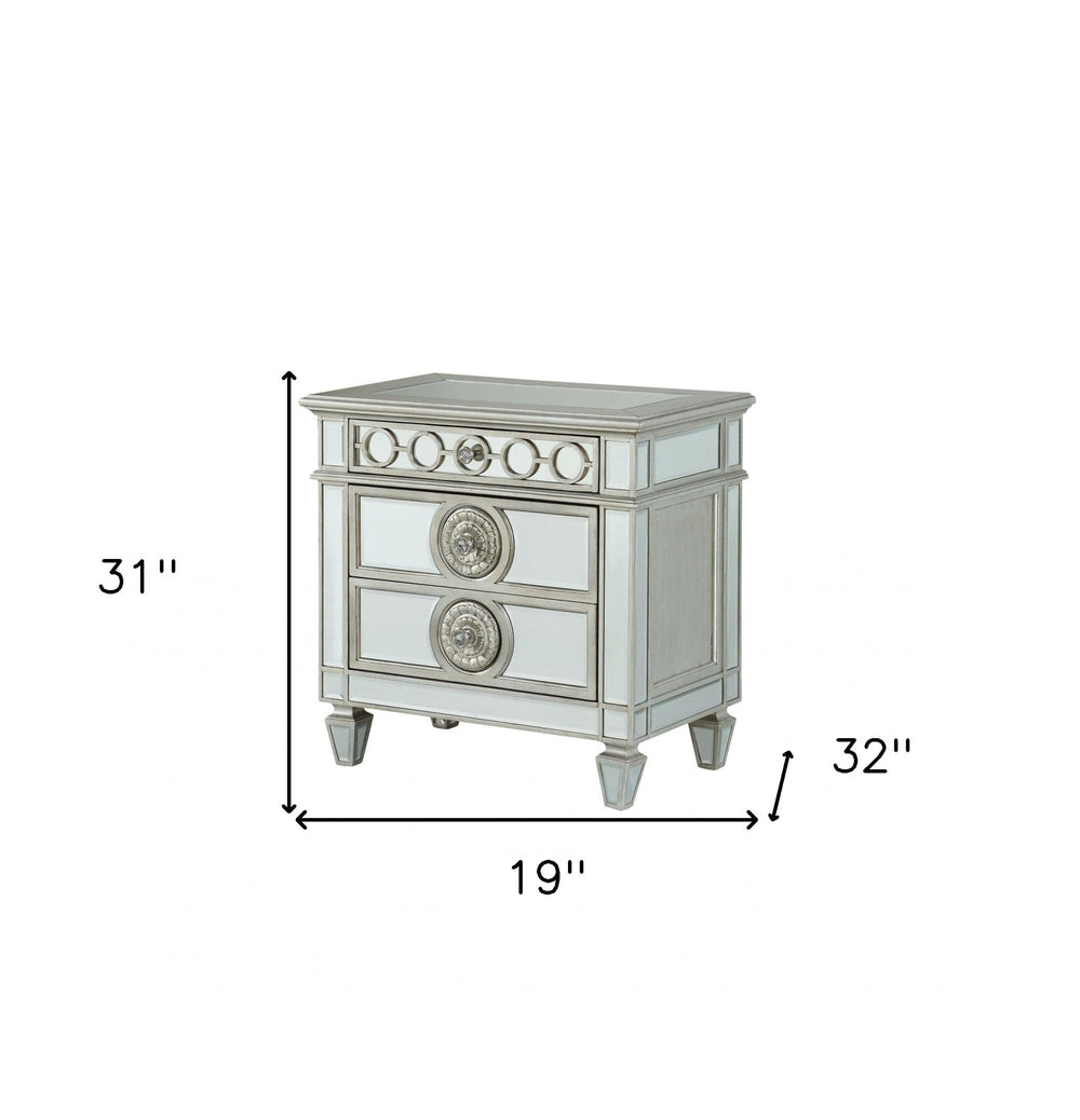 31" Silver Two Drawers Solid Wood Mirrored Nightstand - Homeroots - Flyclothing LLC