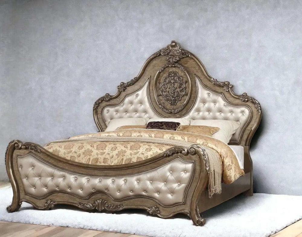 Queen Tufted Bronze Upholstered Faux Leather Bed With Nailhead Trim - Homeroots - Flyclothing LLC