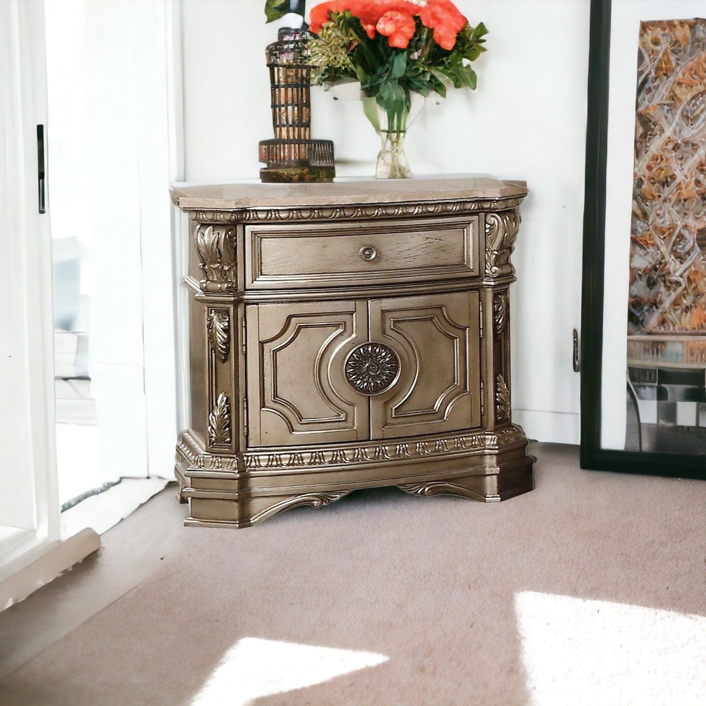 29" Champagne One Drawer Faux Marble and Solid Wood Nightstand With Storage - Homeroots - Flyclothing LLC