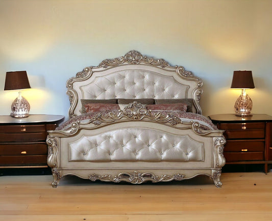 Antiqued White Queen Tufted Upholstered Silk Bed Frame with Nailhead Trim - Homeroots