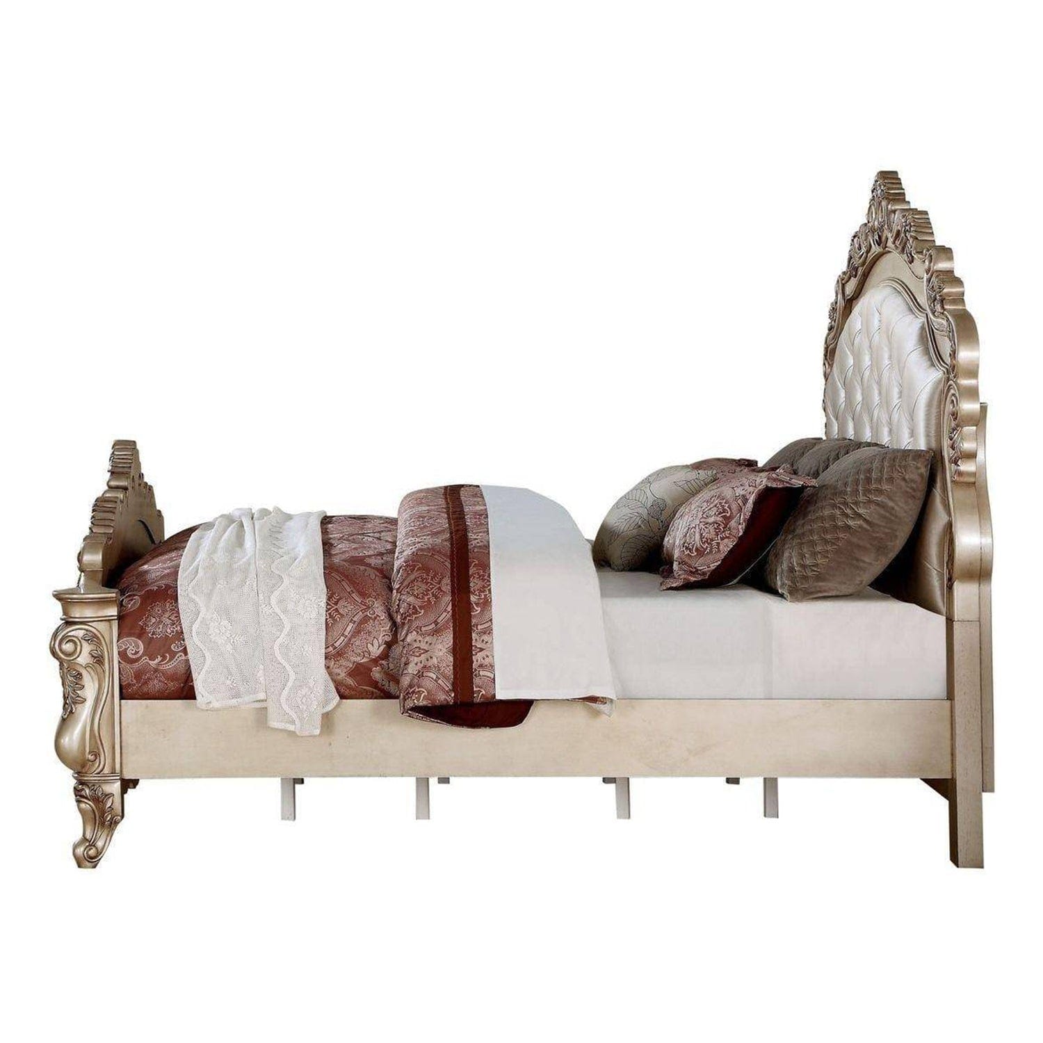 Antiqued White Queen Tufted Upholstered Silk Bed Frame with Nailhead Trim - Homeroots