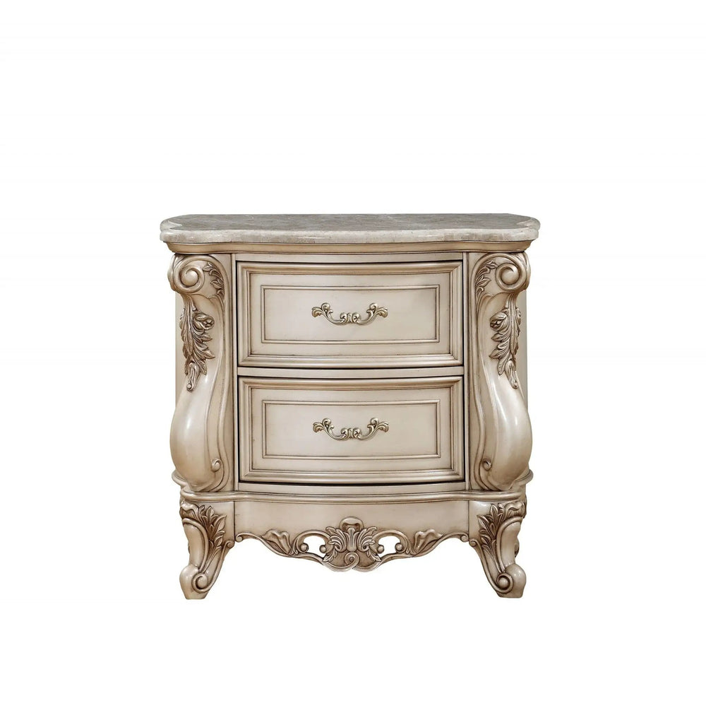 32" Antiqued White Two Drawers Mirrored Nightstand - Homeroots - Flyclothing LLC
