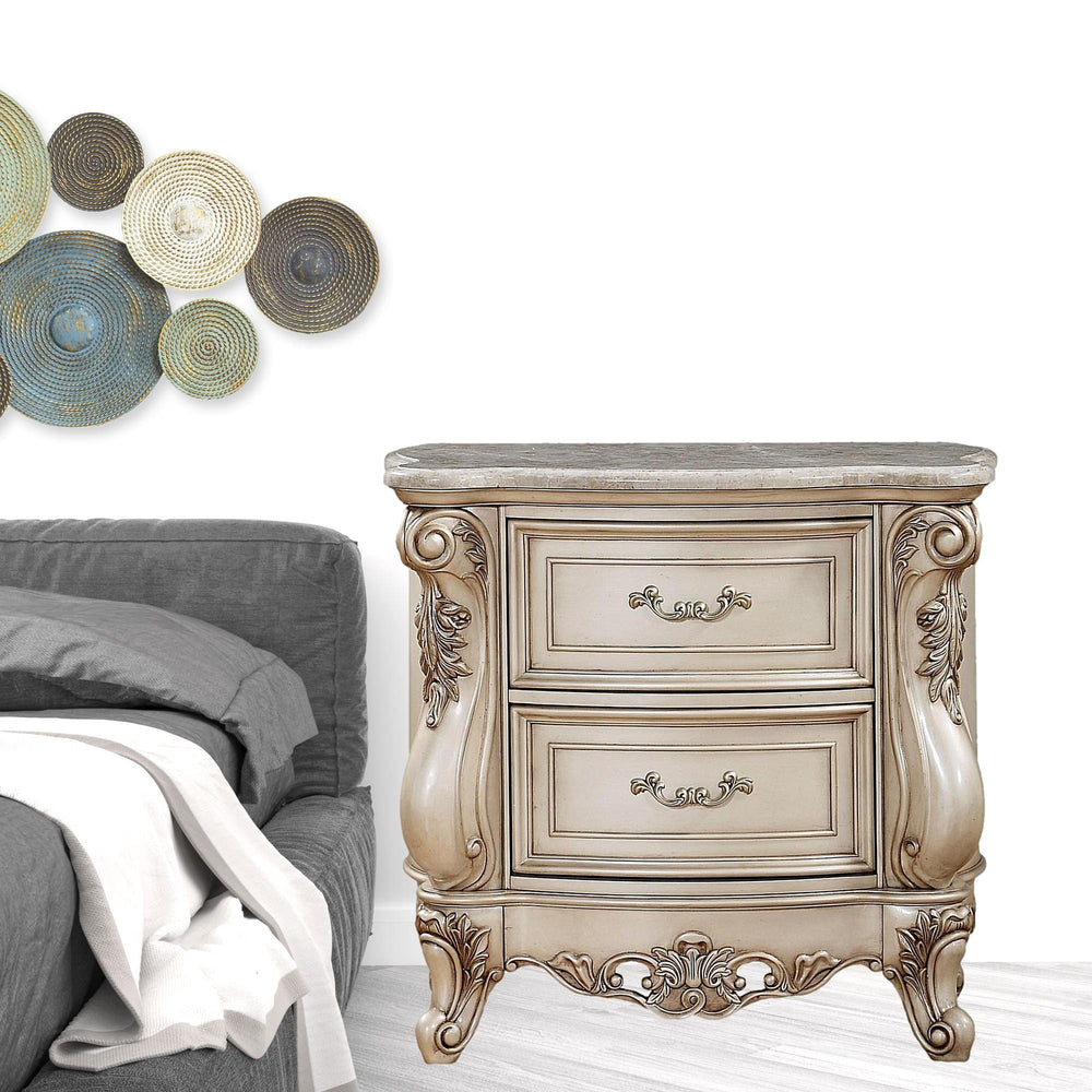 32" Antiqued White Two Drawers Mirrored Nightstand - Homeroots - Flyclothing LLC