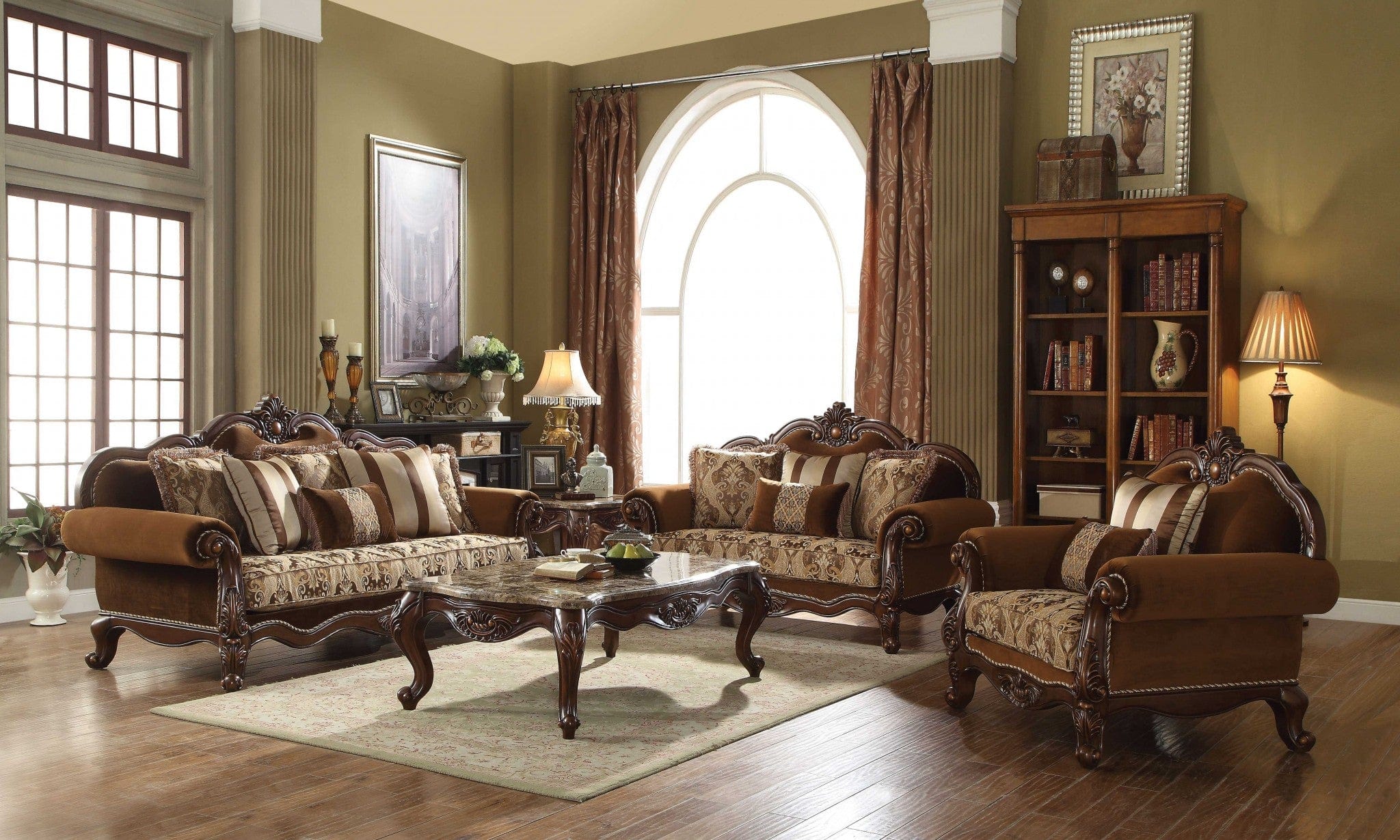 69" Brown Damask Chesterfield Loveseat and Toss Pillows - Homeroots - Flyclothing LLC