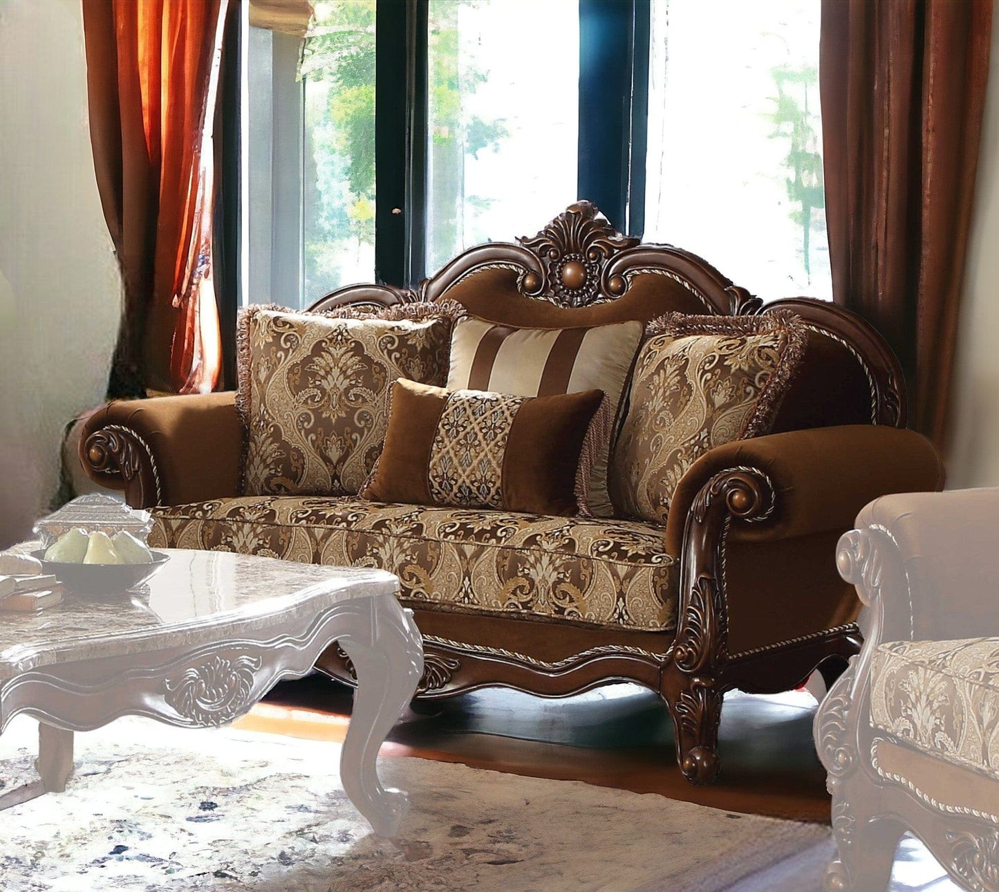 69" Brown Damask Chesterfield Loveseat and Toss Pillows - Homeroots - Flyclothing LLC