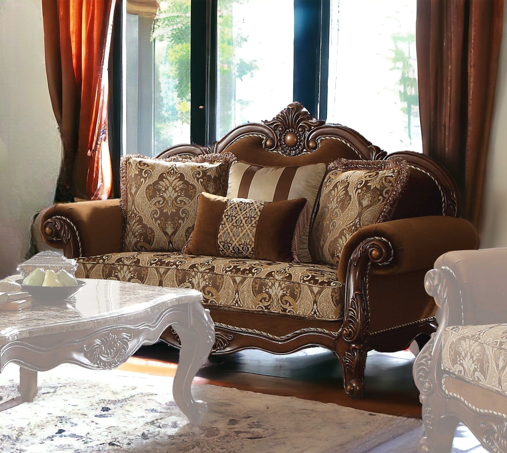 69" Brown Damask Chesterfield Loveseat and Toss Pillows - Homeroots - Flyclothing LLC