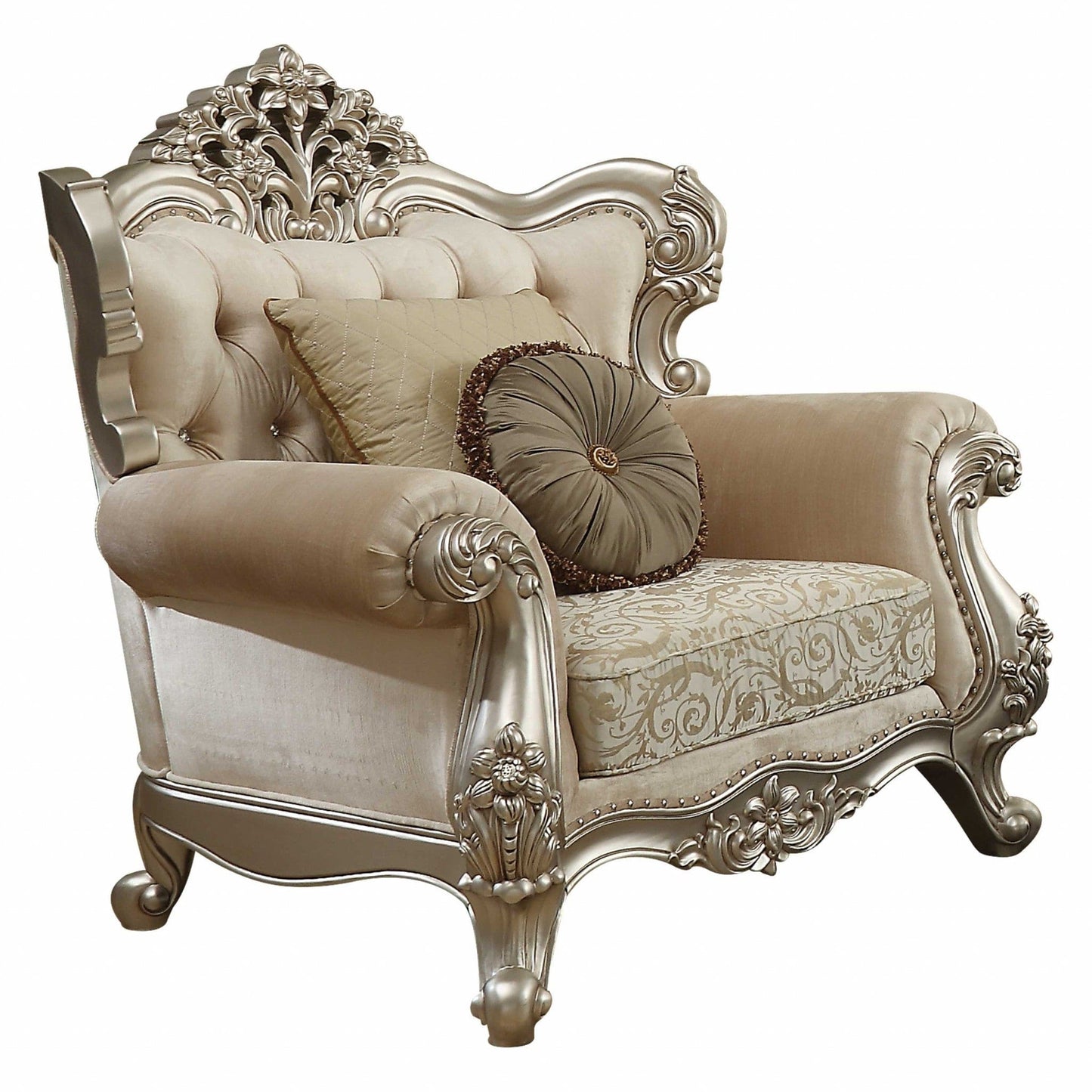 39" Champagne Fabric Damask Chair and a Half And Toss Pillows - Homeroots - Flyclothing LLC