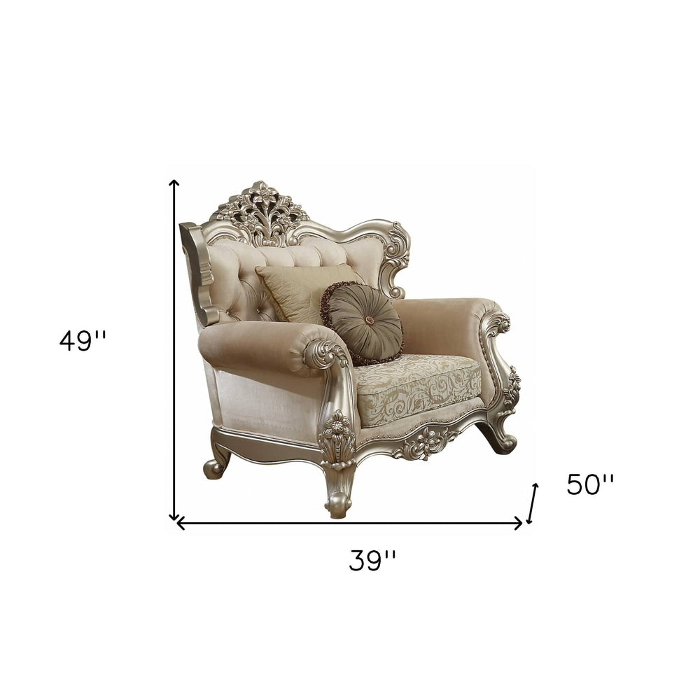 39" Champagne Fabric Damask Chair and a Half And Toss Pillows - Homeroots
