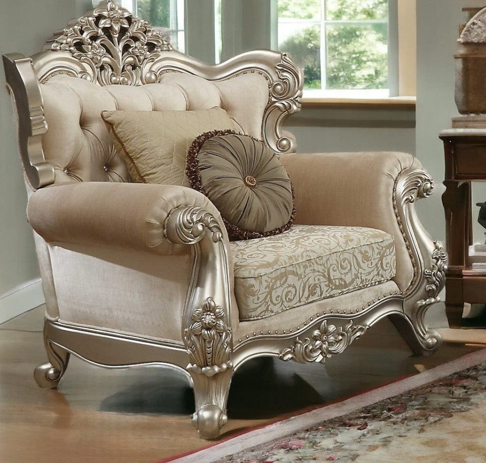 39" Champagne Fabric Damask Chair and a Half And Toss Pillows - Homeroots