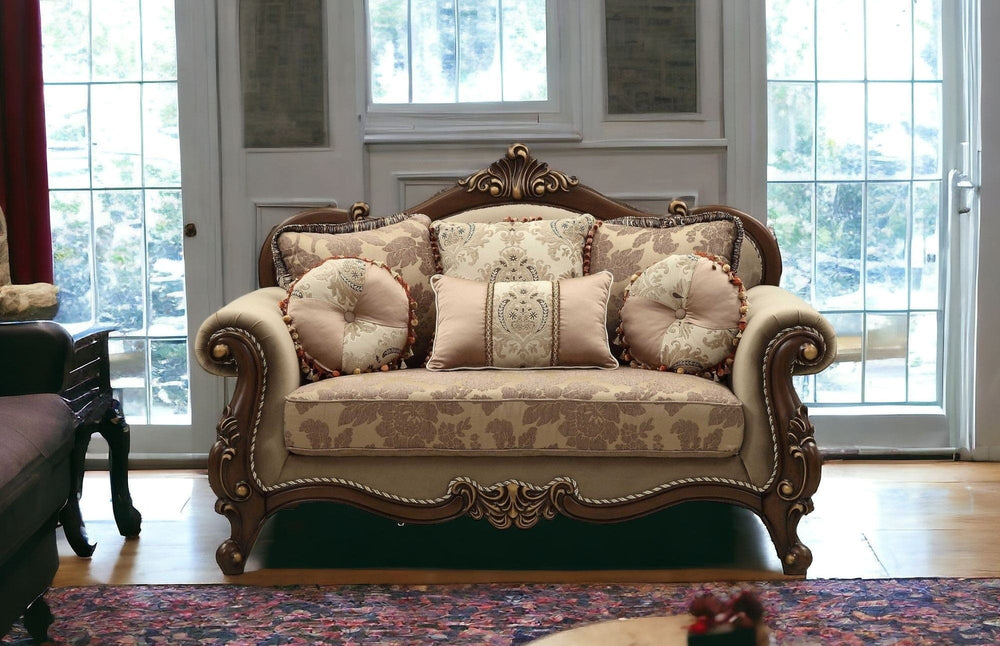 69" Beige and Gold And Brown Velvet Paisley Loveseat and Toss Pillows - Homeroots - Flyclothing LLC