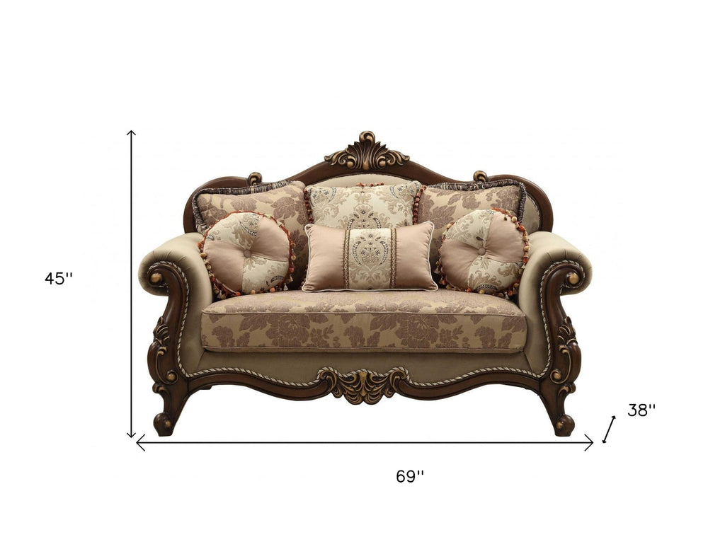 69" Beige and Gold And Brown Velvet Paisley Loveseat and Toss Pillows - Homeroots - Flyclothing LLC