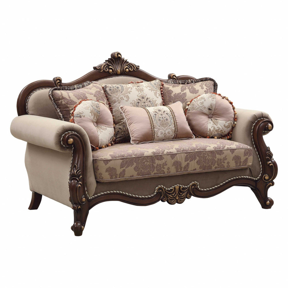 69" Beige and Gold And Brown Velvet Paisley Loveseat and Toss Pillows - Homeroots - Flyclothing LLC