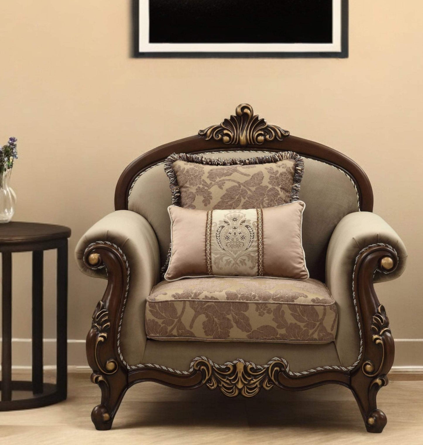 38" Beige And Brown Velvet Floral Arm Chair - Homeroots - Flyclothing LLC
