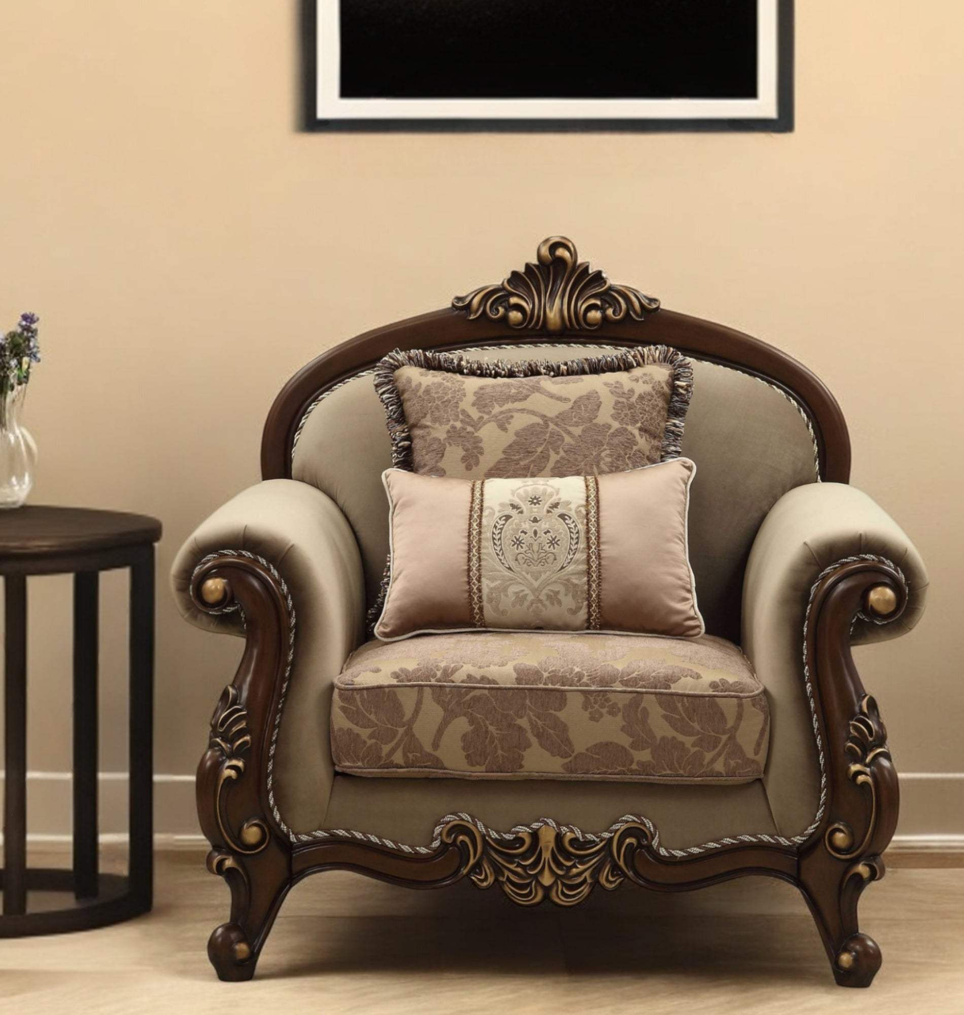 38" Beige And Brown Velvet Floral Arm Chair - Homeroots - Flyclothing LLC