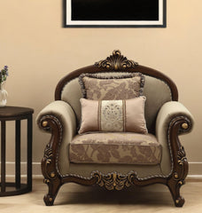 38" Beige And Brown Velvet Floral Arm Chair