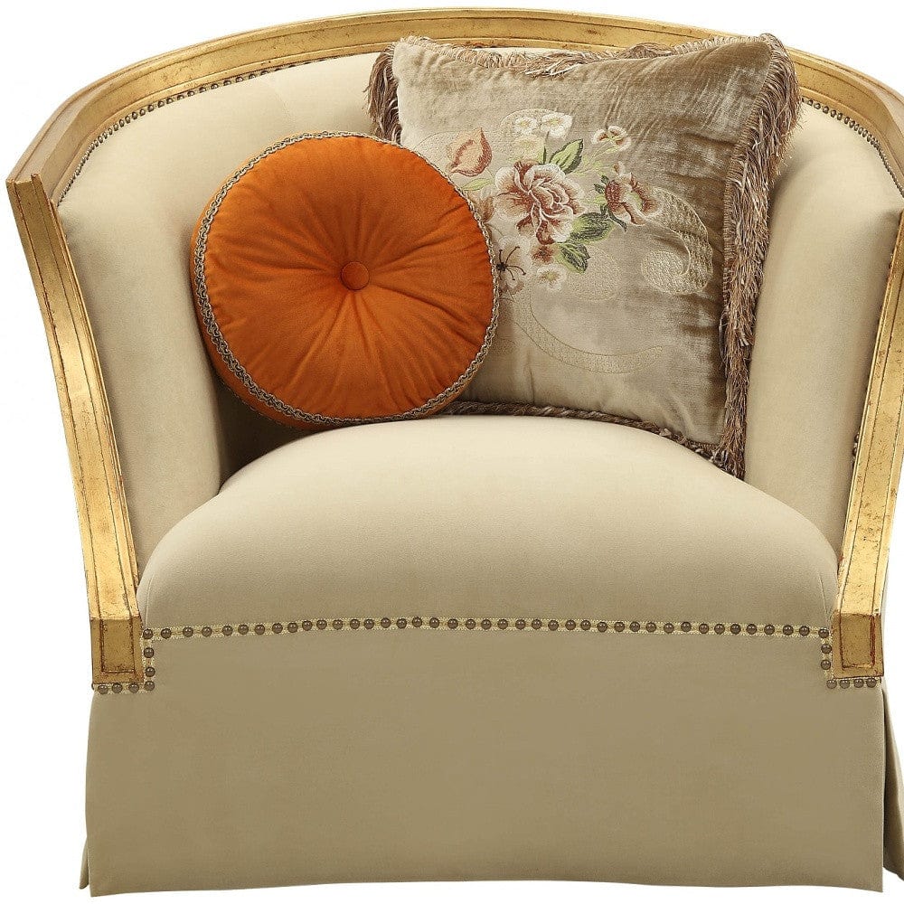 41" Tan and Gold Distressed Arm Chair and Toss Pillows - Homeroots - Flyclothing LLC