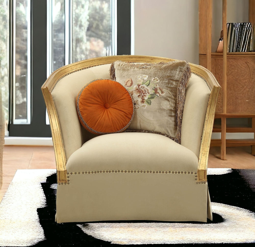 41" Tan and Gold Distressed Arm Chair and Toss Pillows - Homeroots - Flyclothing LLC