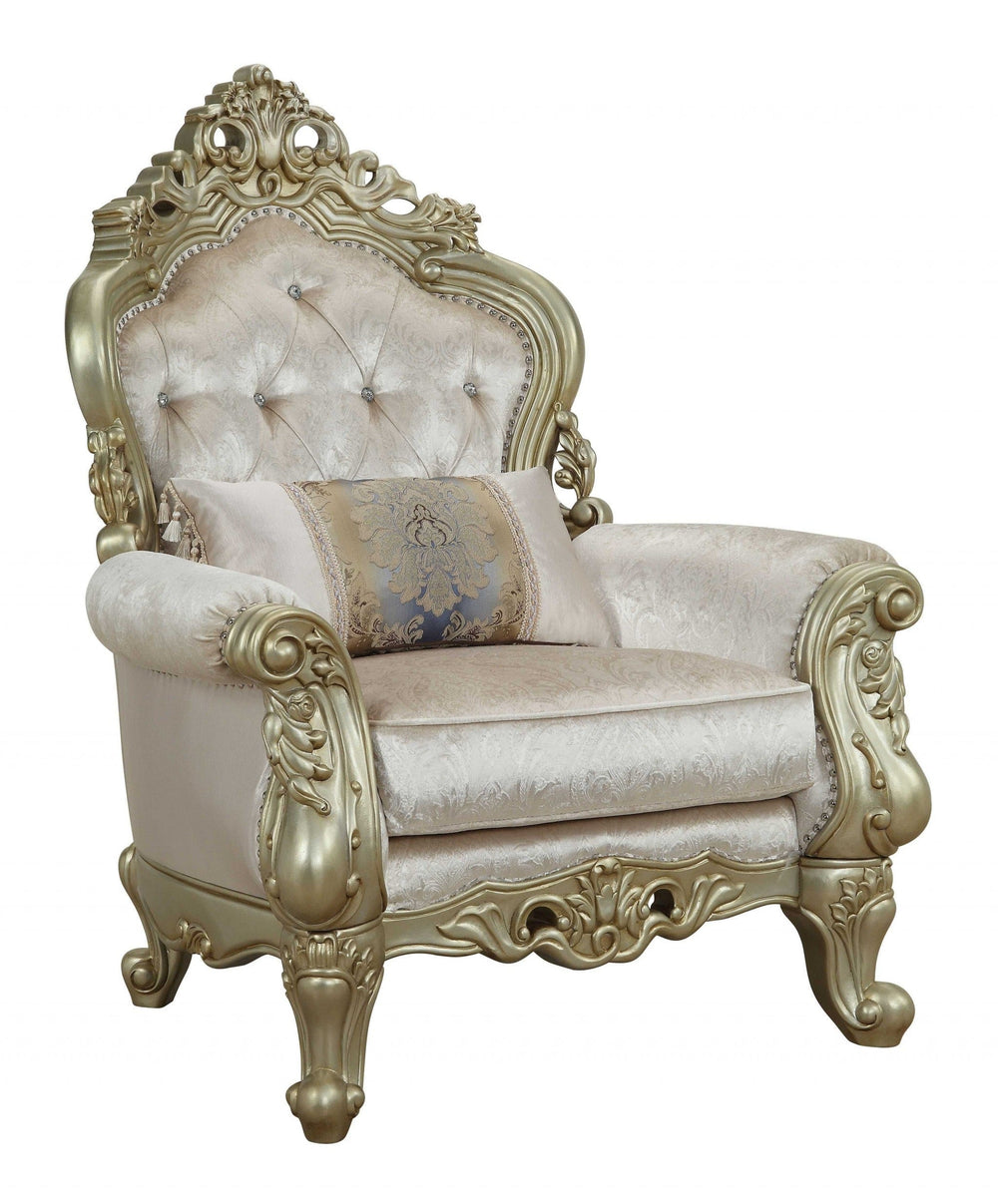 40" Cream And Antiqued White Fabric Damask Tufted Arm Chair And Toss Pillow - Homeroots