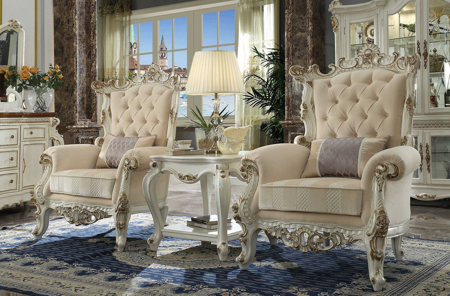 38" Pearl Fabric Striped Tufted Chesterfield Chair - Homeroots - Flyclothing LLC