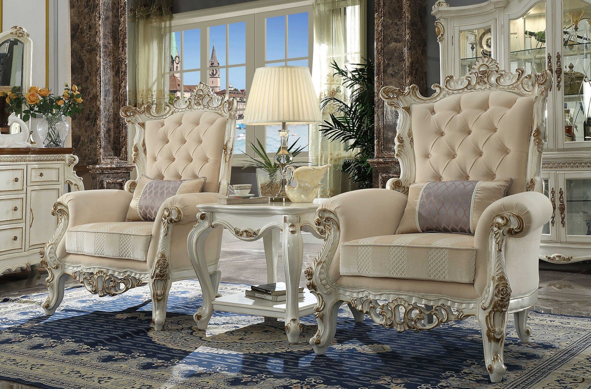 38" Pearl Fabric Striped Tufted Chesterfield Chair - Homeroots - Flyclothing LLC