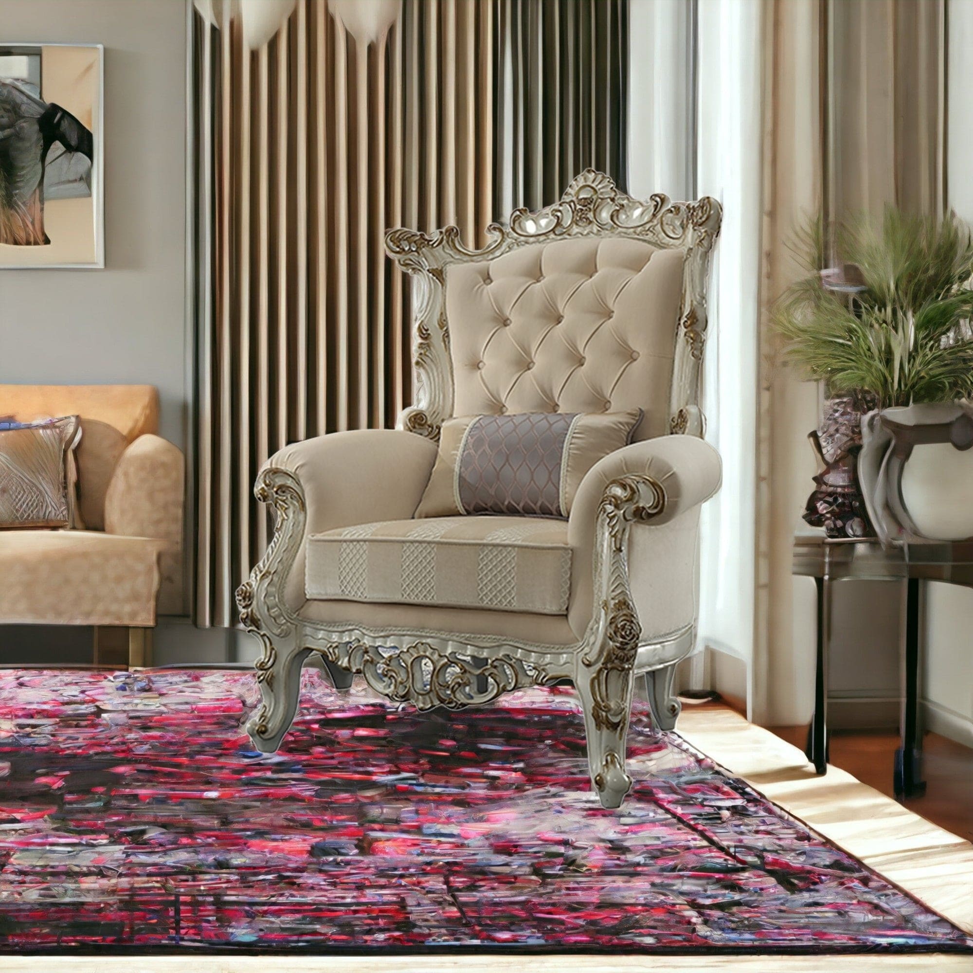 38" Pearl Fabric Striped Tufted Chesterfield Chair - Homeroots - Flyclothing LLC