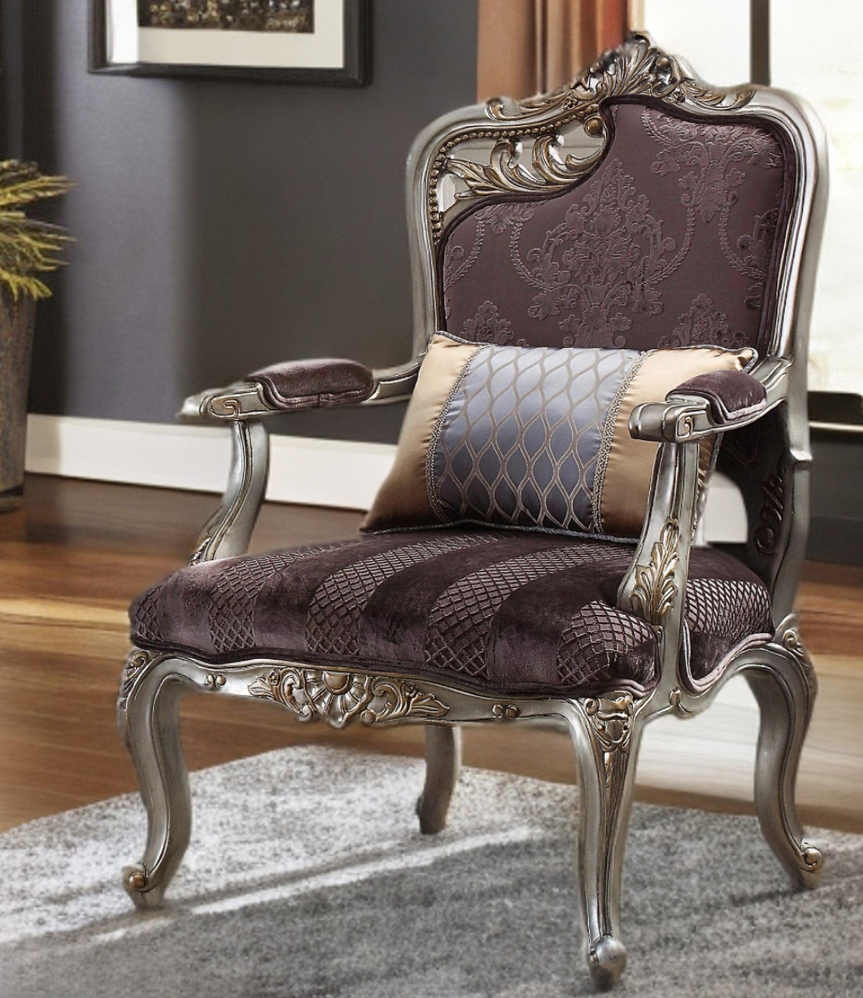 29" Black And Platinum Velvet Floral Arm Chair And Toss Pillow - Homeroots - Flyclothing LLC