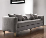 34" Gray Velvet Sofa And Toss Pillows With Brown Legs - Homeroots