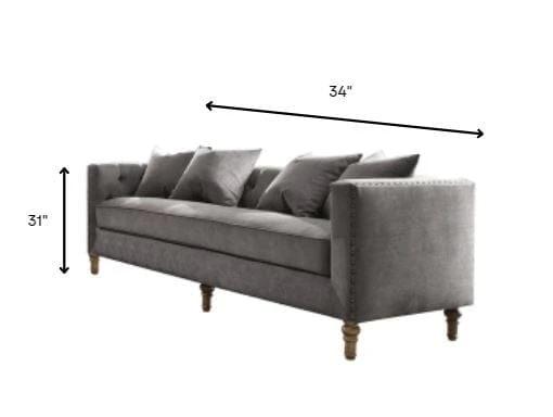 34" Gray Velvet Sofa And Toss Pillows With Brown Legs - Homeroots - Flyclothing LLC