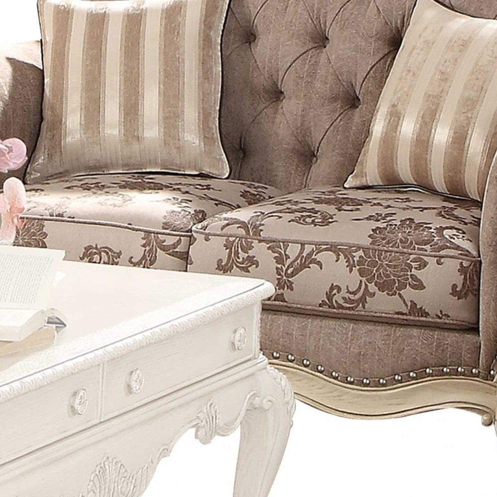 69" Gray And Off White Damask Chesterfield Loveseat and Toss Pillows - Homeroots - Flyclothing LLC
