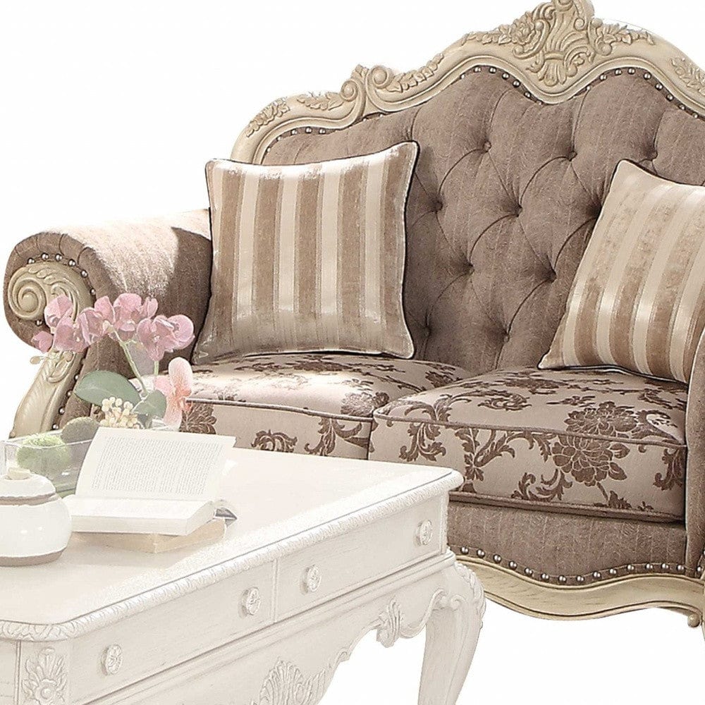 69" Gray And Off White Damask Chesterfield Loveseat and Toss Pillows - Homeroots - Flyclothing LLC