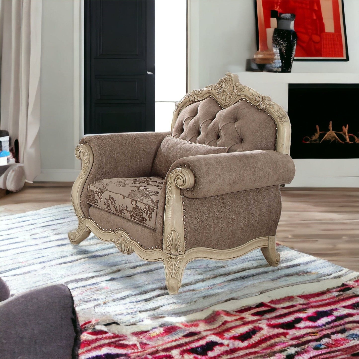 35" Gray And Pearl Fabric Damask Tufted Chesterfield Chair - Homeroots - Flyclothing LLC