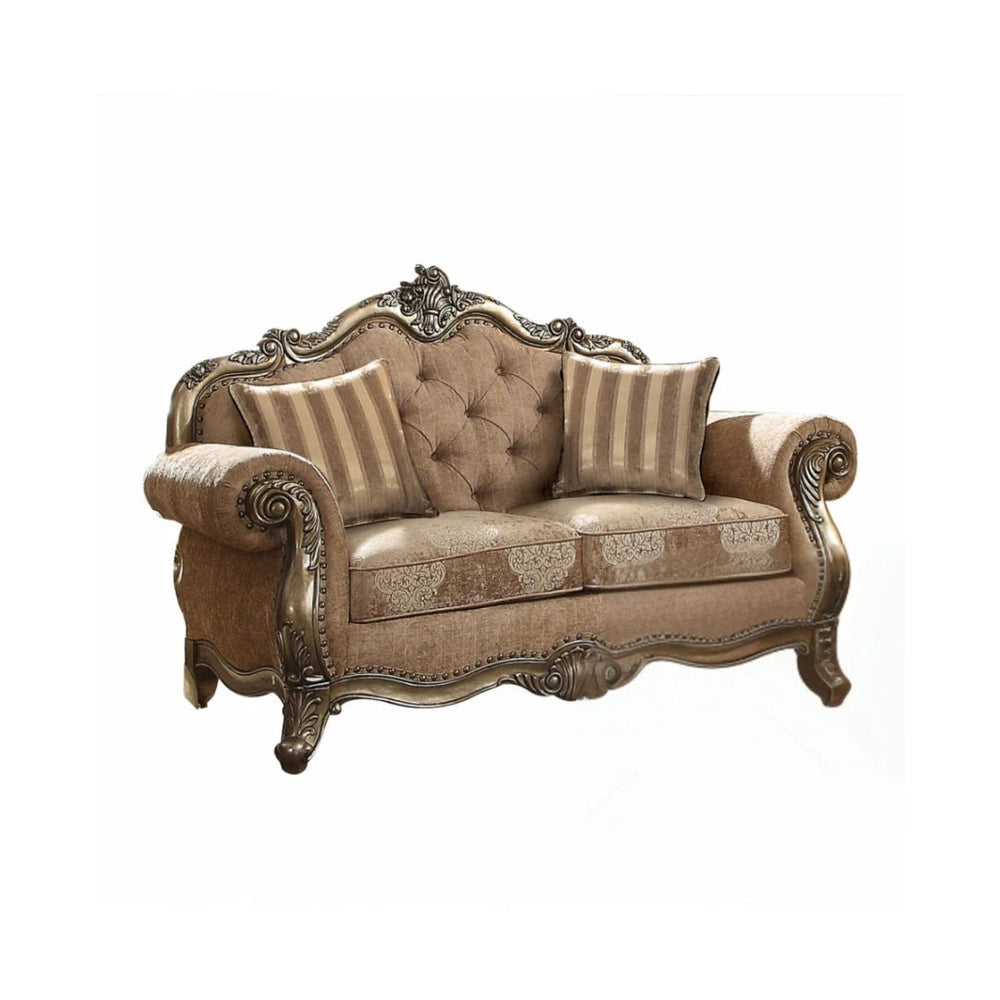 69" Brown And Platinum Damask Chesterfield Loveseat - Homeroots