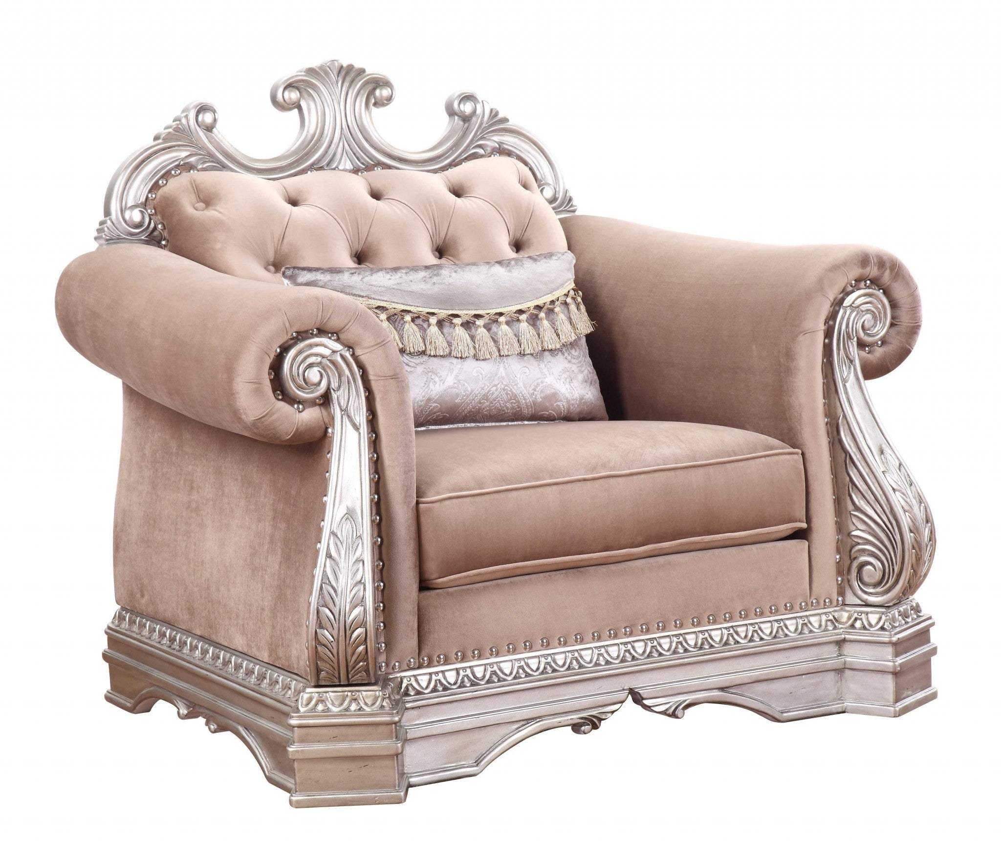 42" Cherry Blossom Pink And Silver Velvet Tufted Arm Chair And Toss Pillow - Homeroots - Flyclothing LLC