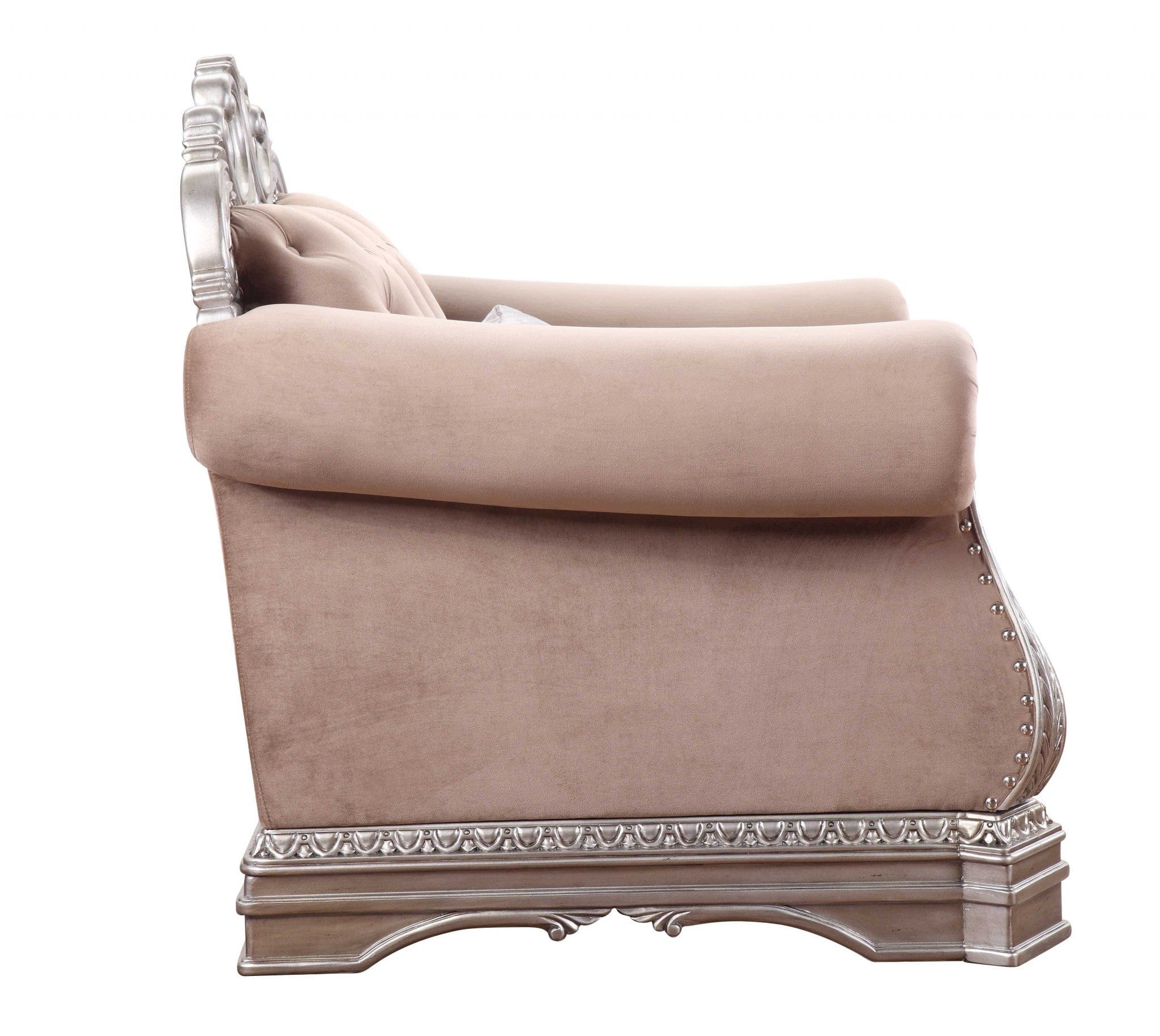 42" Cherry Blossom Pink And Silver Velvet Tufted Arm Chair And Toss Pillow - Homeroots - Flyclothing LLC