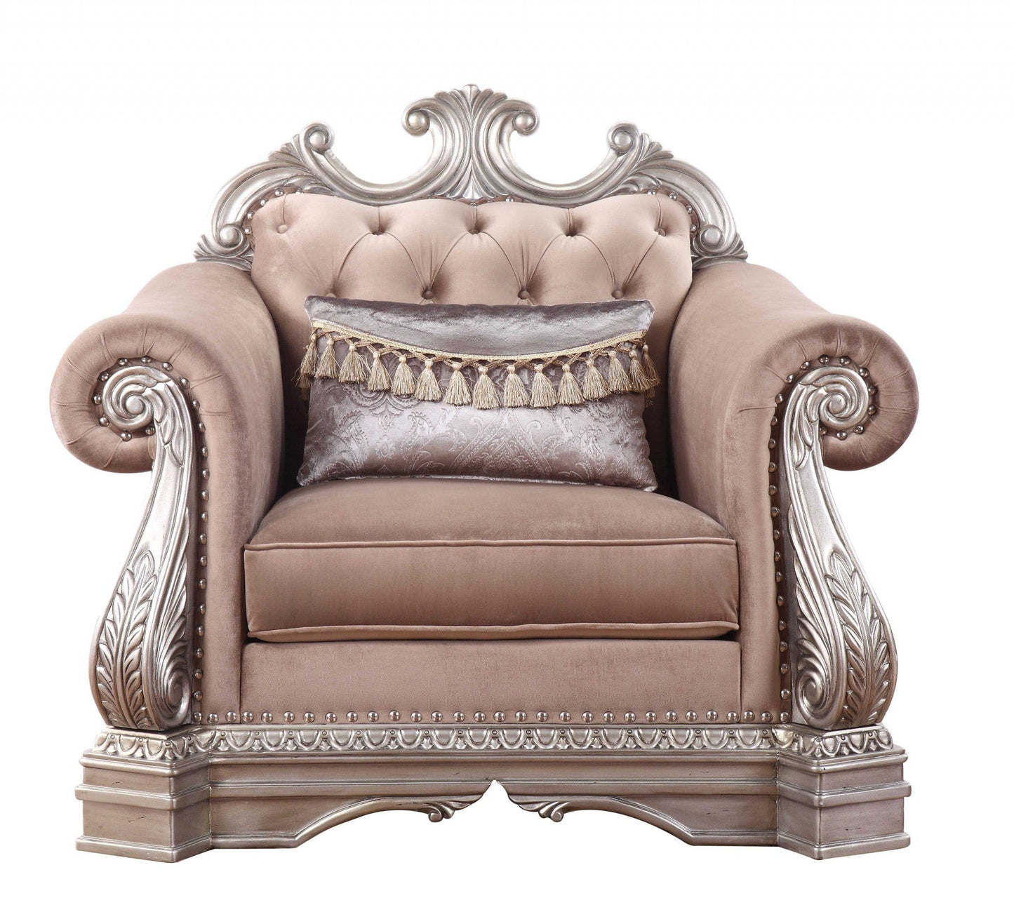 42" Cherry Blossom Pink And Silver Velvet Tufted Arm Chair And Toss Pillow - Homeroots - Flyclothing LLC